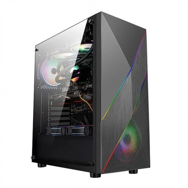 ETEK - PC Mid Tower Case Irregulier en Mesh Front Panel met ARGB LED Strip,Tempered Glass Side Panel, Top I/O Panel