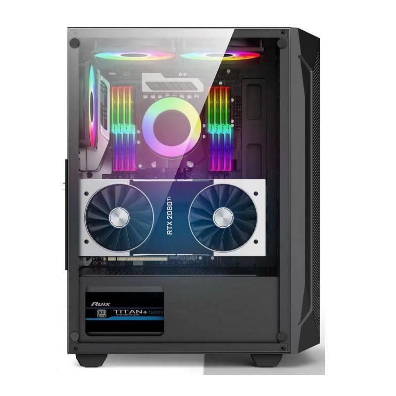 ETEK ATX/Matx Computer Case Tempered Glass panel op zijkant en voorste ondersteunende ventilatoren 2x14cm of 3x12cm op voorste steun Rad