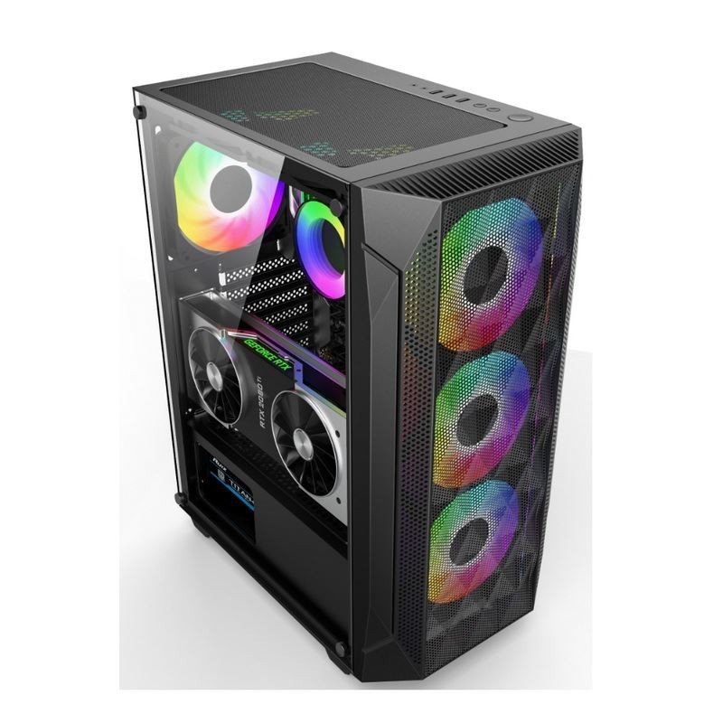 ETEK - ATX/Matx Computer Case Tempered Glass panel on Side Pressed Mesh Front Panel Support Watergekoelde radiator