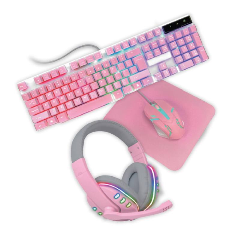 Compact lichtgewicht roze gaming toetsenbord met statische regenboog achtergrondlicht plus passende roze koptelefoon muis en muis pa.