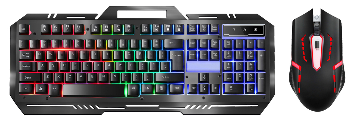Metal Gaming Keyboard met 104 toetsen FN+F1-F12 Functies LED-achterlicht Spelmuis met instelbare DPI (500-1500) RGB-verlichting