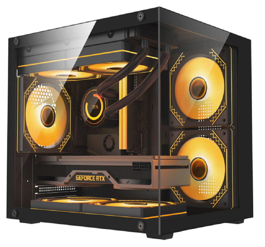 Compact ontwerp omvat 1 HDD en 2 SSD-bakken 0,35 mm SPCC staal 3 x 12 cm ventilatoren en glazen panelen links en voorin