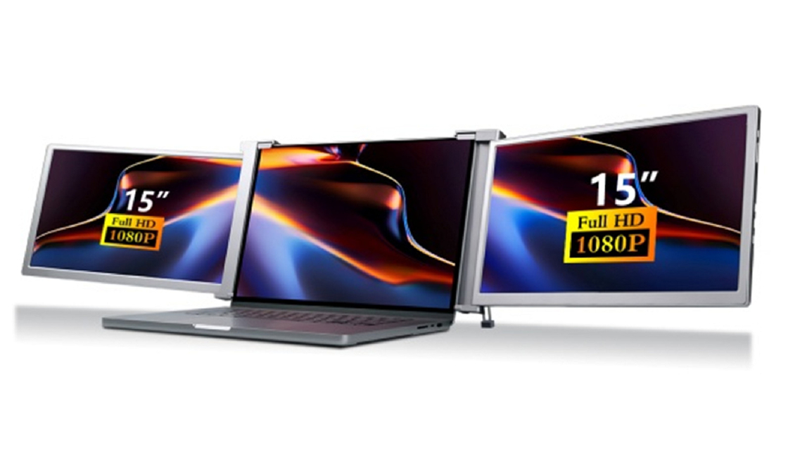 Dual 15 inch FHD laptop monitor, lichtgewicht (25,3 mm dik, 1,63 kg), Type-C + Mini HDMI poorten, HDR ondersteuning, 12-talige OSD.