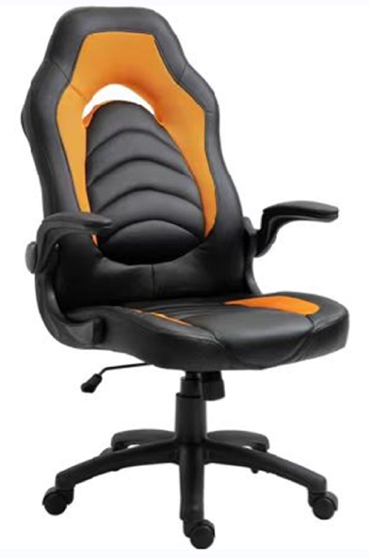 Ergonomische kantoorstoelen, 320 mm nylonbasis met rolstoelen, 100 mm pneumatische hefstaaf, omkeerbare PU-kussensleuningen, zwart en oranje kleur