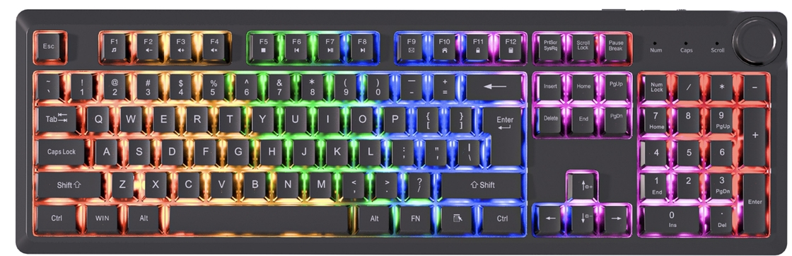 104-toets bedrade toetsenbord Multimedia FN-toetsen Regenbooglicht ABS + zwarte keycaps + Zilveren Membraan 510g Lichtgewicht Behuizing