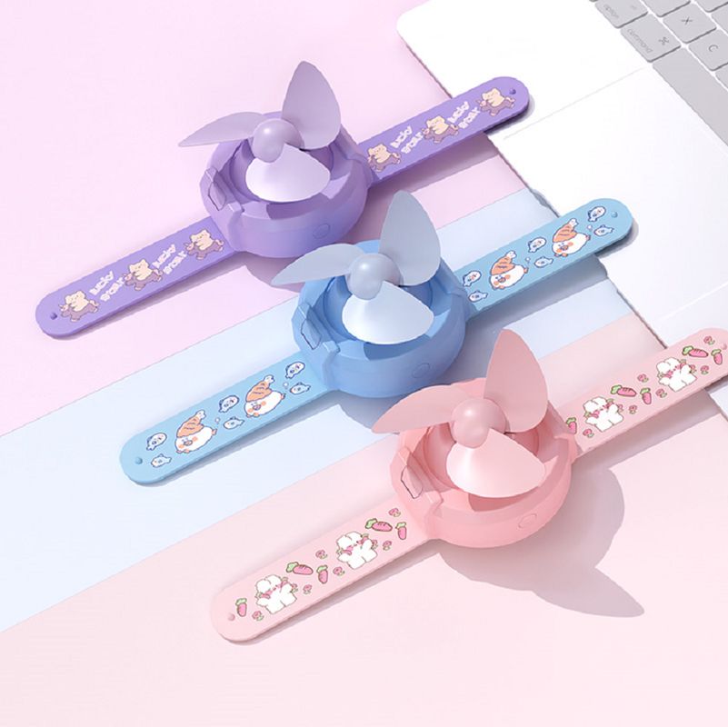 ETEK Mini-ventilator in horlogestijl met 300mAh batterij, 3 kleuren (Paars/Roze/Blauw), inclusief oplaadkabel + handleiding.