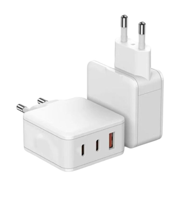 Tri-port GaN-oplader met 65W maximale uitgang PD/QC-protocollen Slimme stroomtoewijzing 110-240V Zwart / Wit