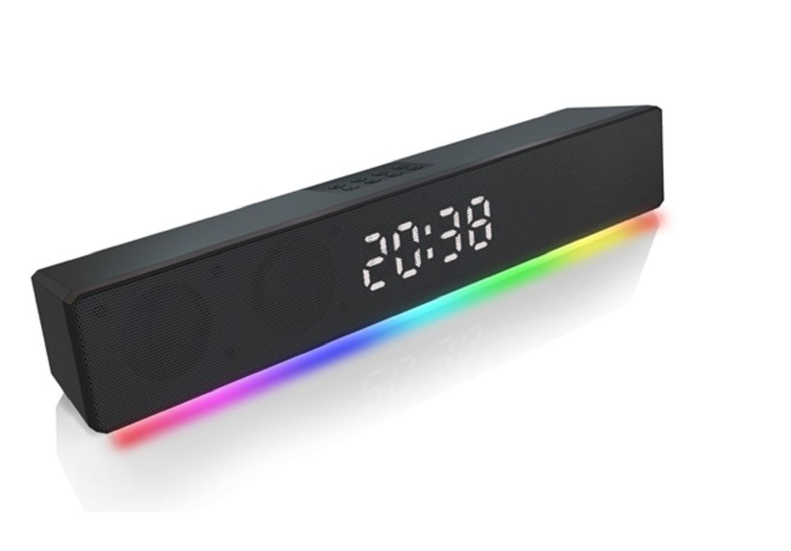 Dual 2-inch Driver Soundbar met 10W RMS Total Output RGB Clock 5 Input Modes BT/FM/USB/TF/AUX ABS + Iron Mesh Construction