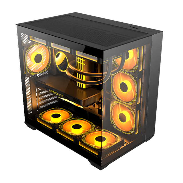 Computerhoes ondersteunt EATX/ATX/Micro-ATX/Mini-ITX/BTF moederborden met 0,6 mm SPCC staal en dubbelzijdig gehard glas