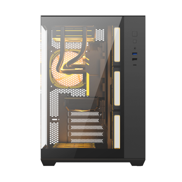 Computerhoes ondersteunt EATX/ATX/Micro-ATX/Mini-ITX/BTF moederborden met 0,6 mm SPCC staal en dubbelzijdig gehard glas