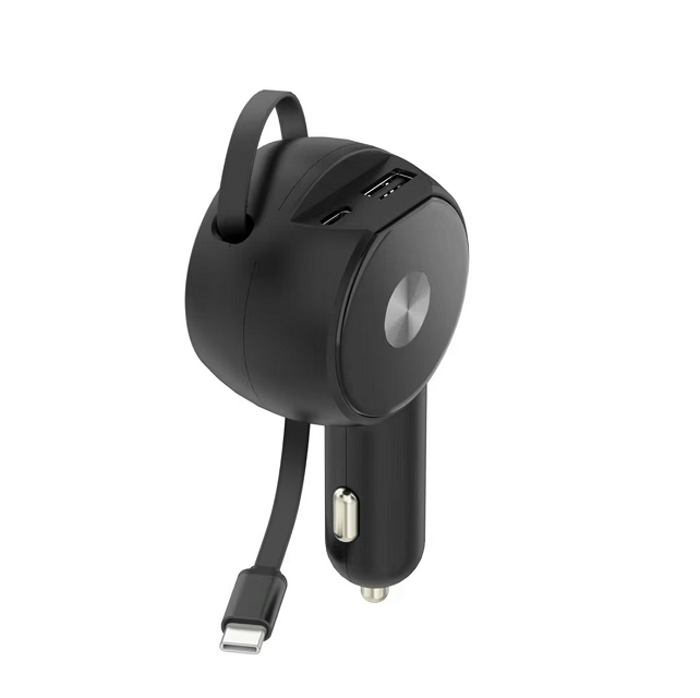 Dual-Port Car Charger with Built-in Cable, PD+QC, 58W Max Output, 12-24V Input, Black/White,for cars, SUVs, and trucks.