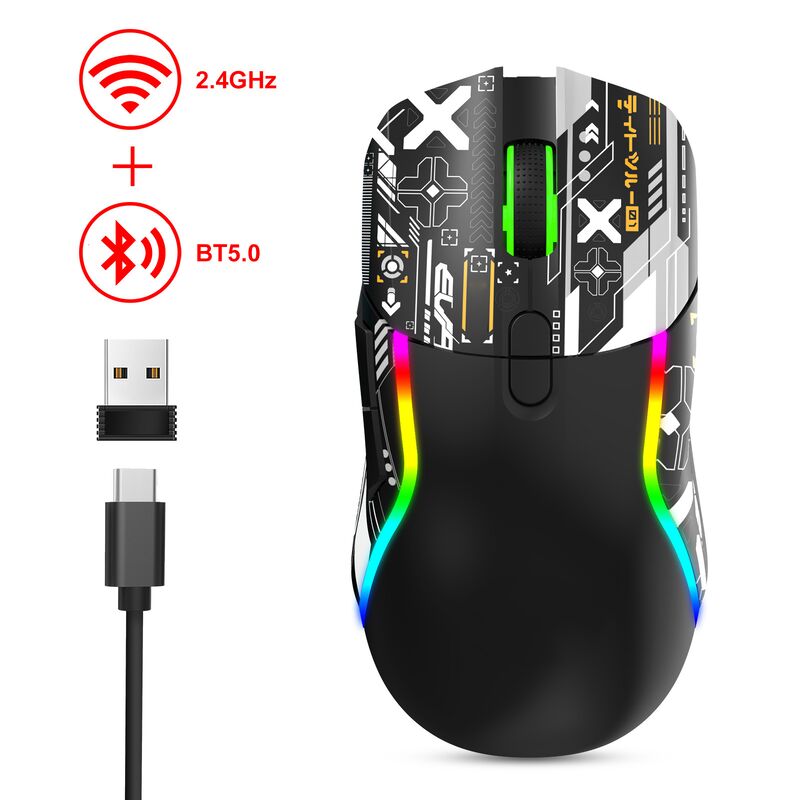 Dual-mode draadloze RGB gaming muis,2.4G + Bluetooth, 3200 DPI, 8 knoppen, 600mAh batterij, Type-C oplaadbaar, ABS, laserprinten