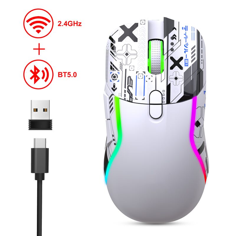 Dual-mode draadloze RGB gaming muis,2.4G + Bluetooth, 3200 DPI, 8 knoppen, 600mAh batterij, Type-C oplaadbaar, ABS, laserprinten
