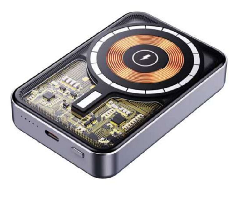 10000mAh Transparante Mecha Power Bank ¥ 22.5W Bedraad + 15W MagSafe-compatibel Magnetisch Draadloos Laden, Gunmetal, Al Alloy Base, 94×63×17.5mm