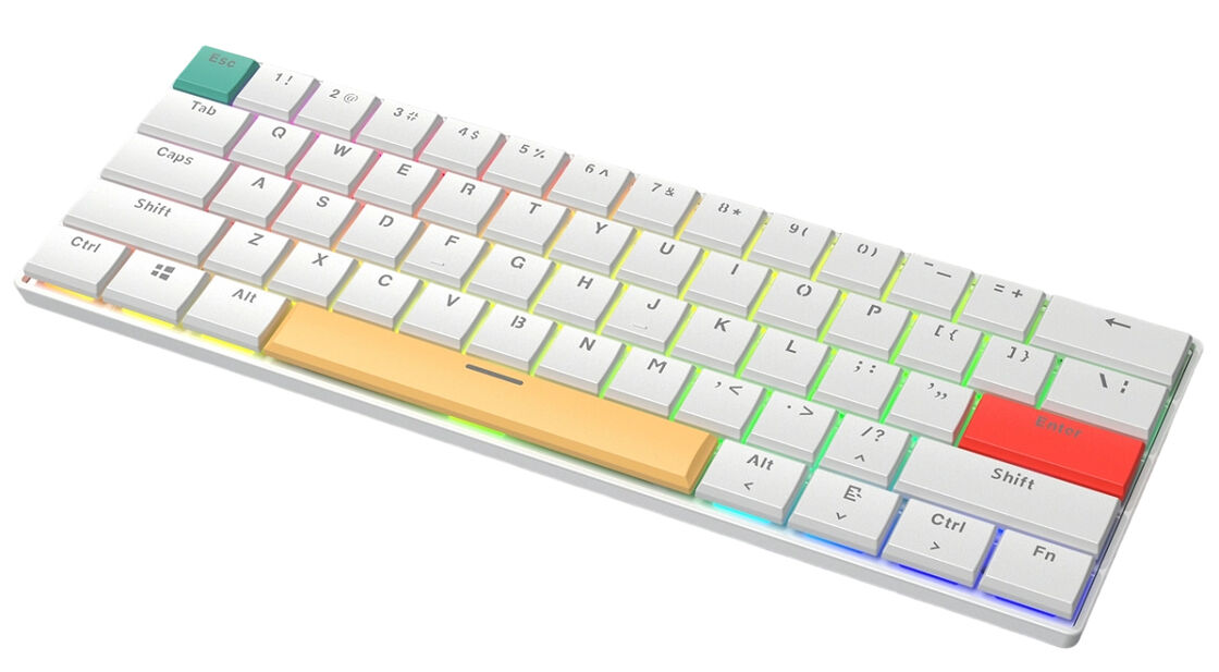 61-toets RGB mechanisch toetsenbord, 26KRO, bedraad, kleurrijke keycaps (witte basis + rood/geel/groen)