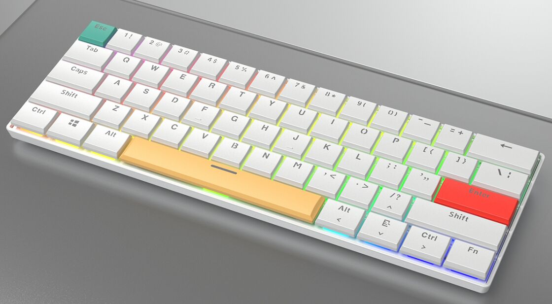 61-toets RGB mechanisch toetsenbord, 26KRO, bedraad, kleurrijke keycaps (witte basis + rood/geel/groen)