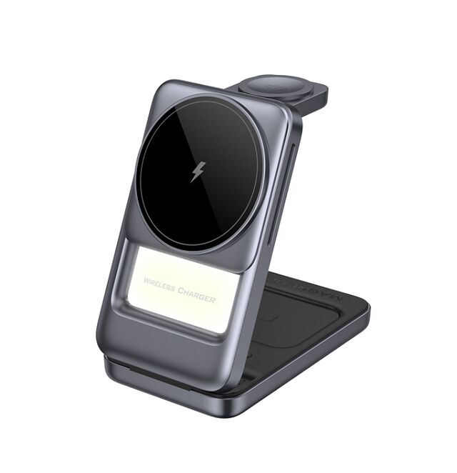 Opvouwbare 3-in-1 Draadloze Oplader, Blauw/Grijs, Zilver/Grijs, Plastic+Metaal, 15W Telefoon, 2.5W Horloge, 5W Oordopjes, Nachtlampje