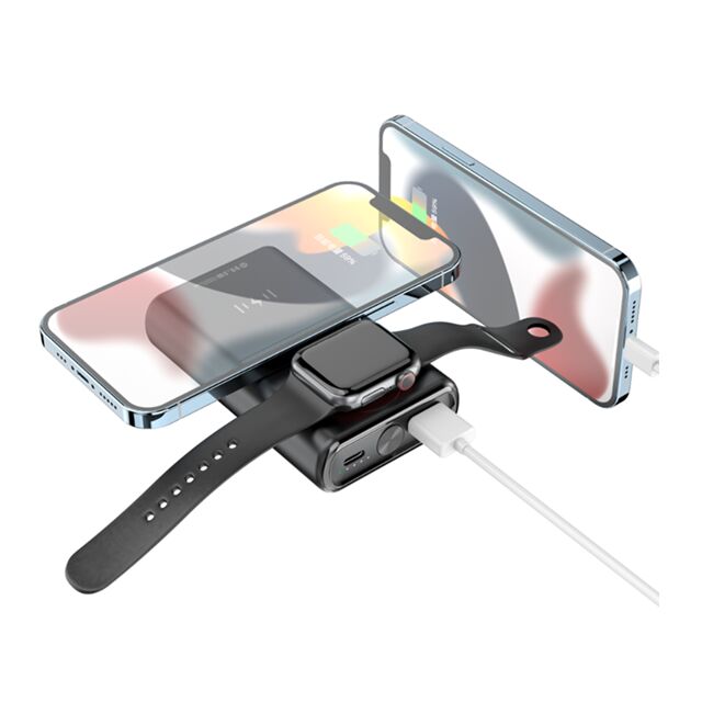 10000mAh 2-in-1 draadloze oplaadbare powerbank, 15W telefoon + 2,5W horloge opladen