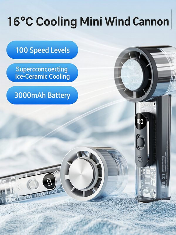 Draagbare halfgeleiderkoelende handventilator, 100-niveau aanpassing, digitaal display, 3000mAh Type-C met standaard & haak