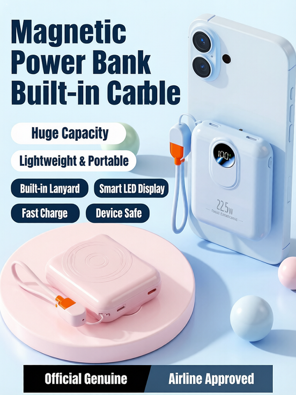 Magnetische draadloze stroombank 10000mAh, Type-C/Lightning 20W Input, 22.5W+15W Output, met kabels
