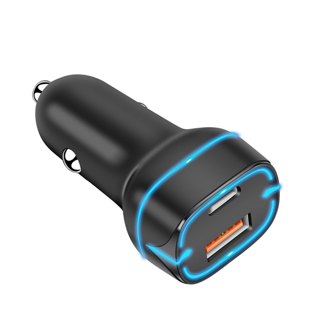 38W Dual-Port Car Charger, PD20W+QC18W Real Output, 12-24V Wide Input, Blauwe LED