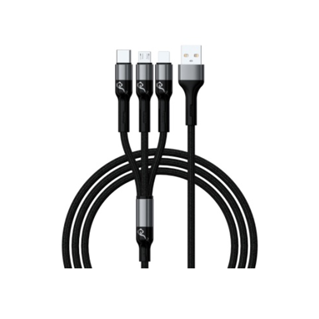 1.2M 3-in-1 gevlochten snellaadkabel, 2-Core Lightning/Micro, TPE+Aluminium, Zwart/Rood/Groen