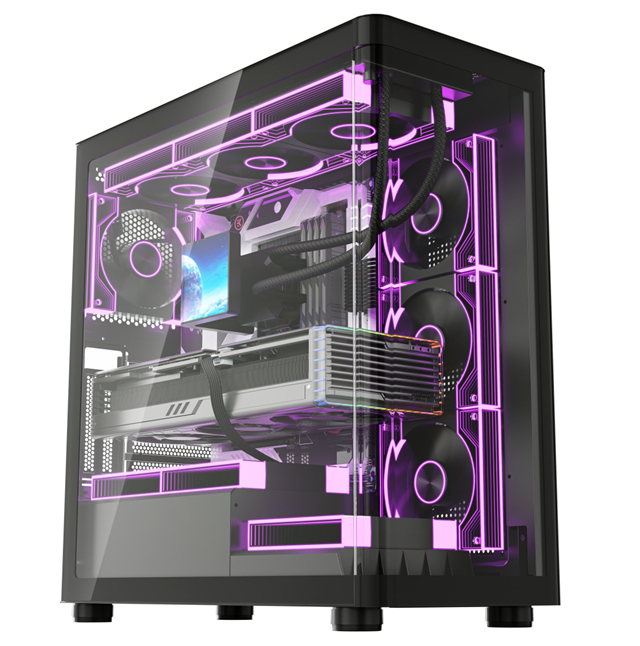 Gebogen glazen ATX gaming behuizing, ondersteuning voor 360mm AIO aan de bovenkant + 410mm GPU, USB 3.0 front I/O, gereedschapsloze zijpaneel toren chassis
